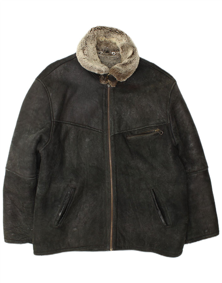 Vintage Ανδρικό Shearling Jacket UK 42 XL μαύρο δέρμα