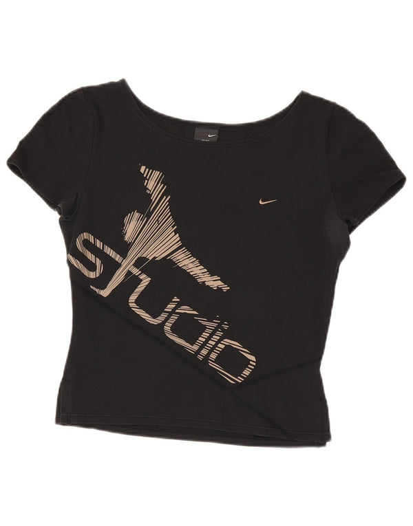 Γυναικείο γραφικό T-shirt Nike Dri Fit Crop Top UK 10/12 Medium Black