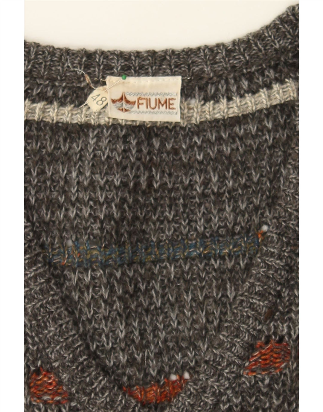 FIUME Mens V-Neck Jumper Sweater IT 48 Medium Grey Striped Wool Vintage Fiume and Second-Hand Fiume from Messina Hembry 