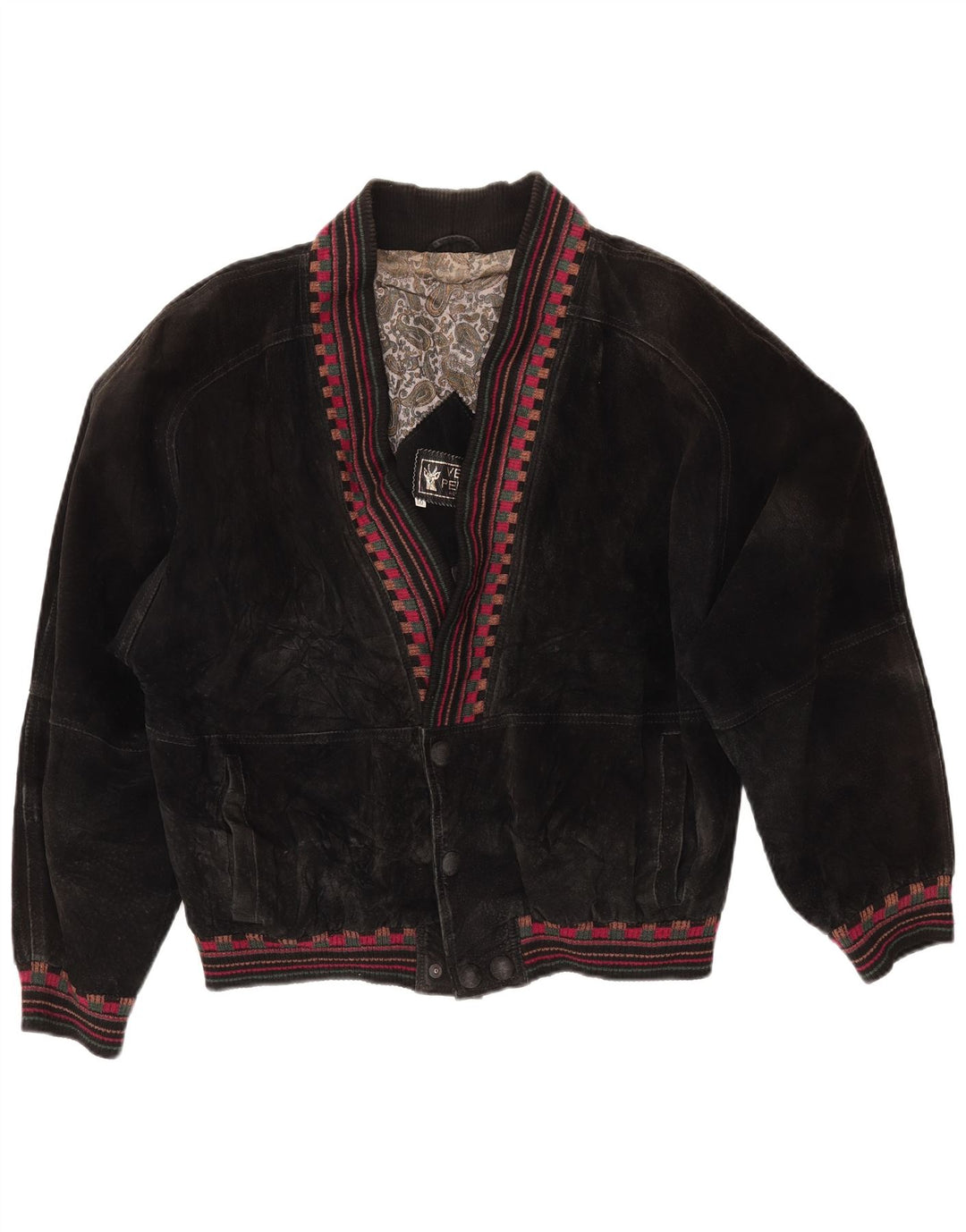 VINTAGE Γυναικείο Suede Jacket UK 18 XL Μαύρο γεωμετρικό δέρμα