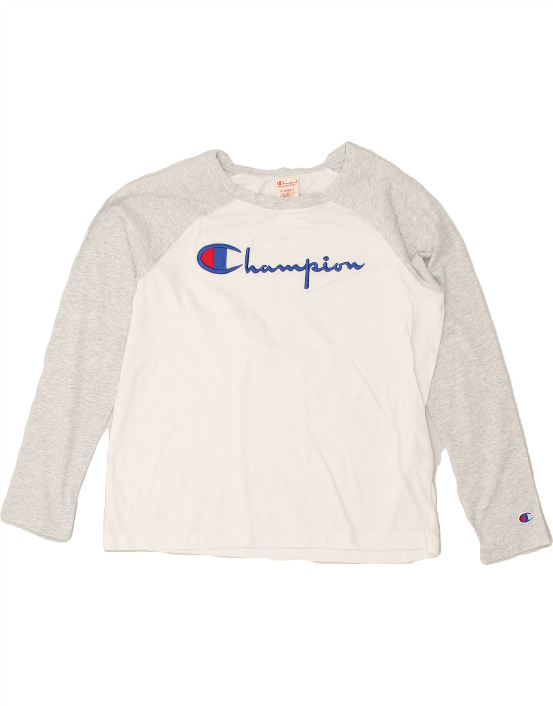 CHAMPION Womens Graphic Top Long Sleeve UK 6 XS White Colourblock Cotton | Vintage Champion | Thrift | Second-Hand Champion | Used Clothing | Messina Hembry 