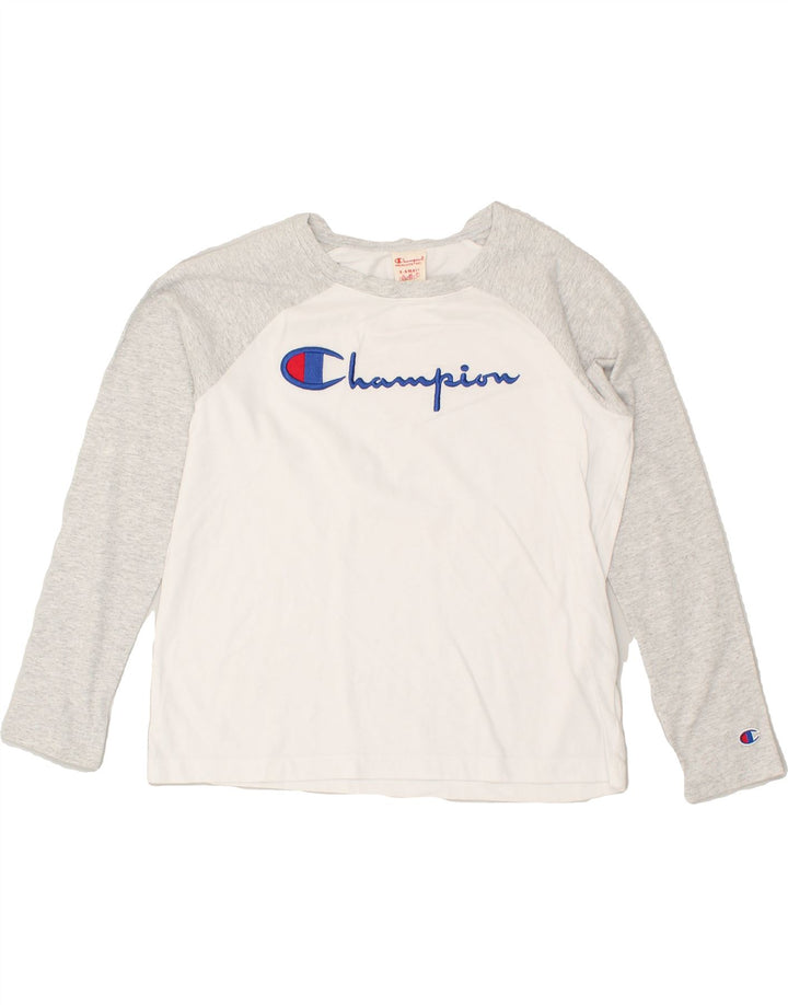 CHAMPION Womens Graphic Top Long Sleeve UK 6 XS White Colourblock Cotton | Vintage Champion | Thrift | Second-Hand Champion | Used Clothing | Messina Hembry 