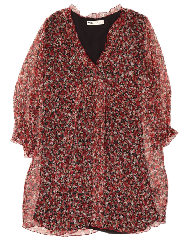 Zara Γυναικείο μακρυμάνικο φόρεμα UK 10 Small Red Floral Polyester