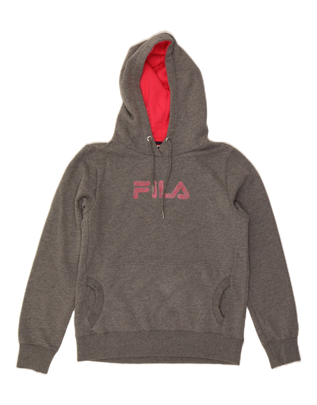 FILA Womens Graphic Hoodie Jumper UK 14 Medium Grey Polyester Vintage Fila and Second-Hand Fila from Messina Hembry 