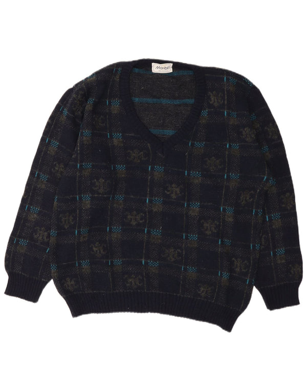 Vintage Mens V-Neck Jumper Sweater IT 50 Medium Navy Blue Geometric Acrylic