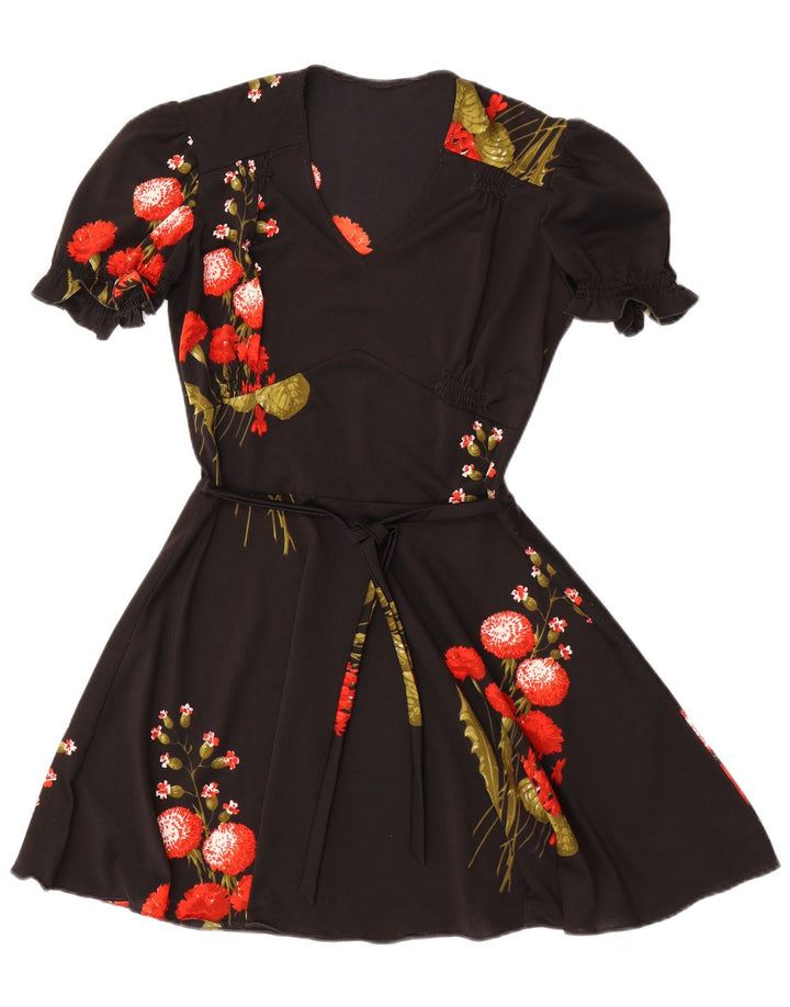 VINTAGE Γυναικείο Φόρεμα A-Line UK 12 Medium Black Floral