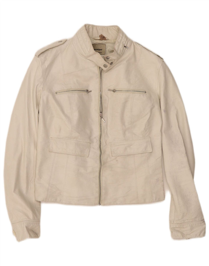 CONBIPEL Womens Crop Leather Jacket IT 44 Medium White Leather