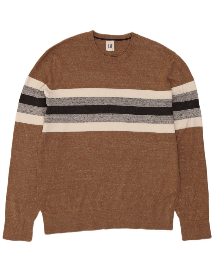 Ανδρικό πουλόβερ Gap Crew Neck, Βαμβακερό κλασικό μεσαίο καφέ ριγέ