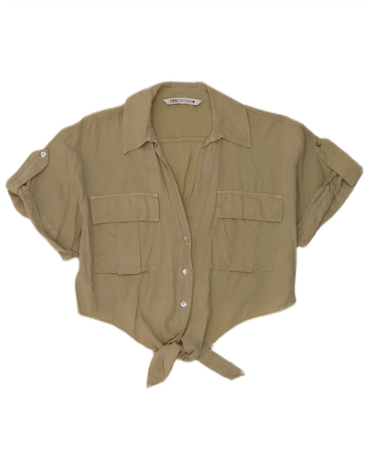 Zara Γυναικεία Crop Μπροστινή Γραβάτα Oversized Πουκάμισο Μπλούζα UK 6 XS Χακί