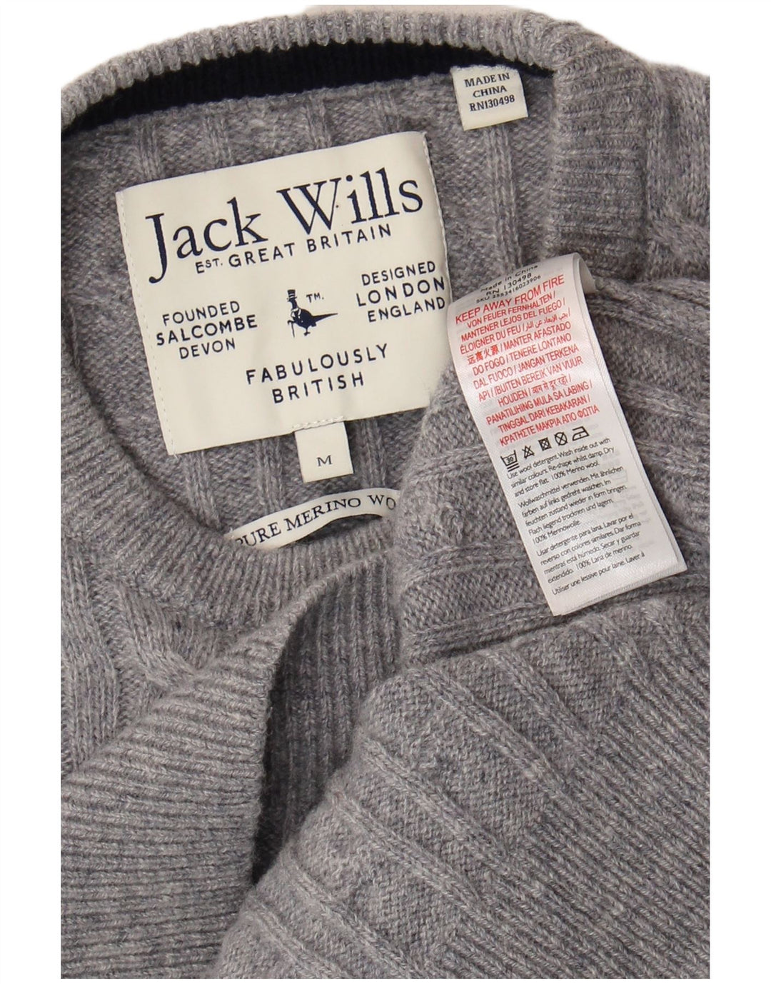 Jack Wills Ανδρικό πουλόβερ με λαιμόκοψη UK 14 Medium Grey Wool
