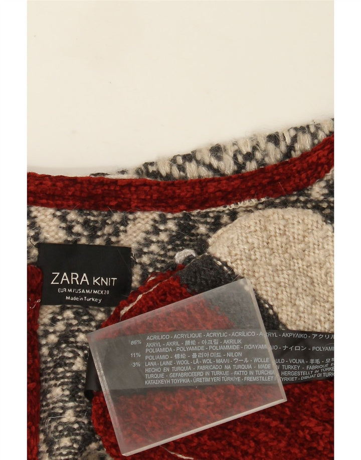Zara Γυναικείο Longline ανοιχτό πουλόβερ ζακέτα UK 14 Medium Beige γεωμετρικό