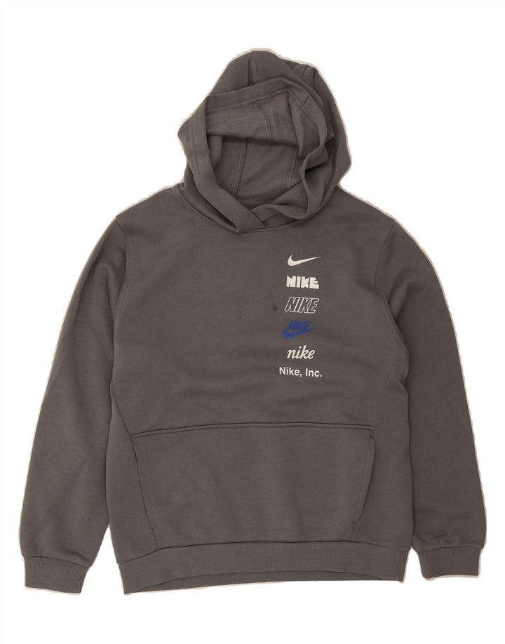 NIKE Boys Graphic Hoodie Jumper 13-14 Years XL Grey Polyester Vintage Nike and Second-Hand Nike from Messina Hembry 