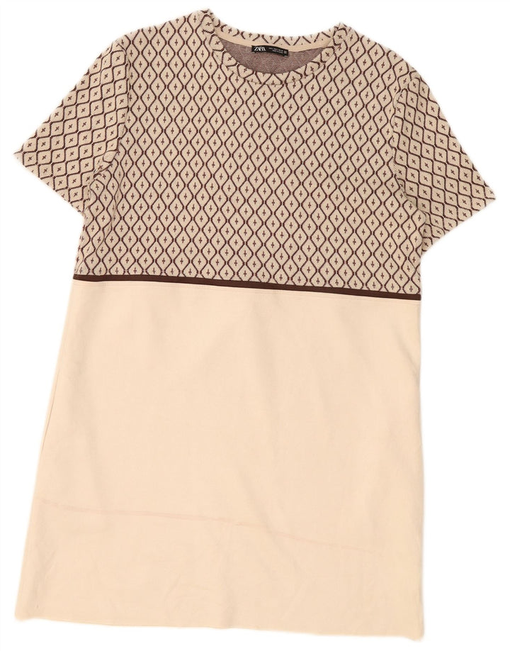 Zara Γυναικείο φόρεμα Shift UK 16 Large Beige Geometric Polyester