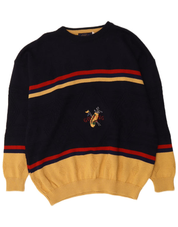 Ανδρικό vintage γραφικό πουλόβερ με λαιμόκοψη XL Navy Blue Colorblock
