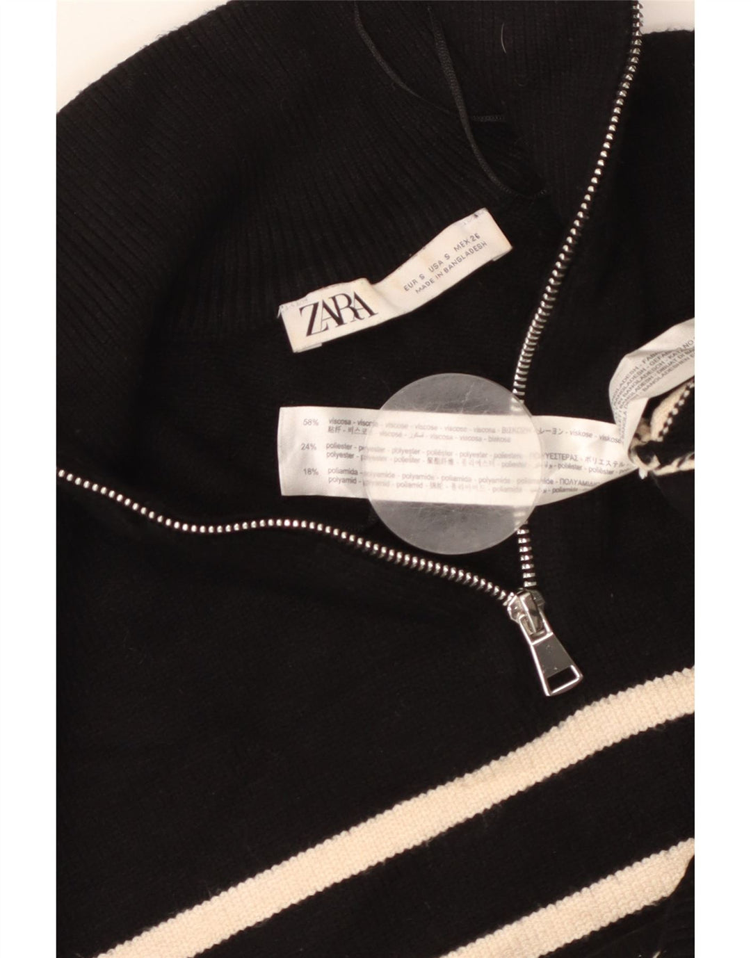 ZARA Γυναικείο πουλόβερ με λαιμόκοψη μεγάλου μεγέθους με φερμουάρ UK 10 μικρό μαύρο ριγέ