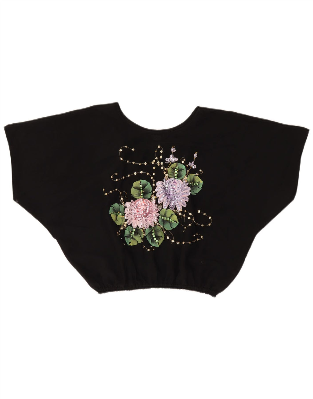 VINTAGE Γυναικεία Crop Batwing Μπλούζα Τοπ UK 18 XL Μαύρο Floral Πολυεστέρας