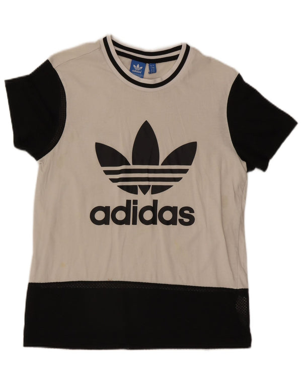 Γυναικείο γραφικό μπλουζάκι Adidas τοπ UK 8 Small White Colourblock Βαμβακερό