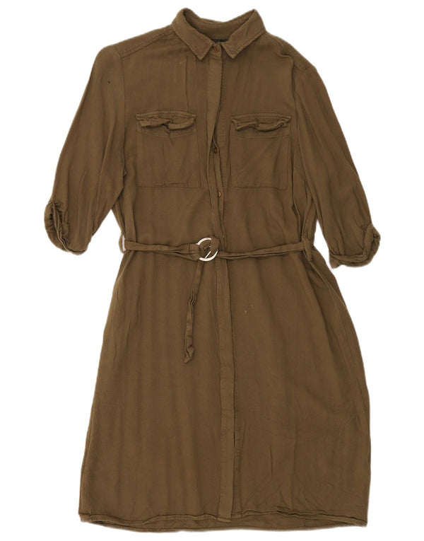 TOPSHOP Γυναικείο πουκάμισο μεγάλου μεγέθους 3/4 μανίκι φόρεμα UK 10 Small Khaki Viscose