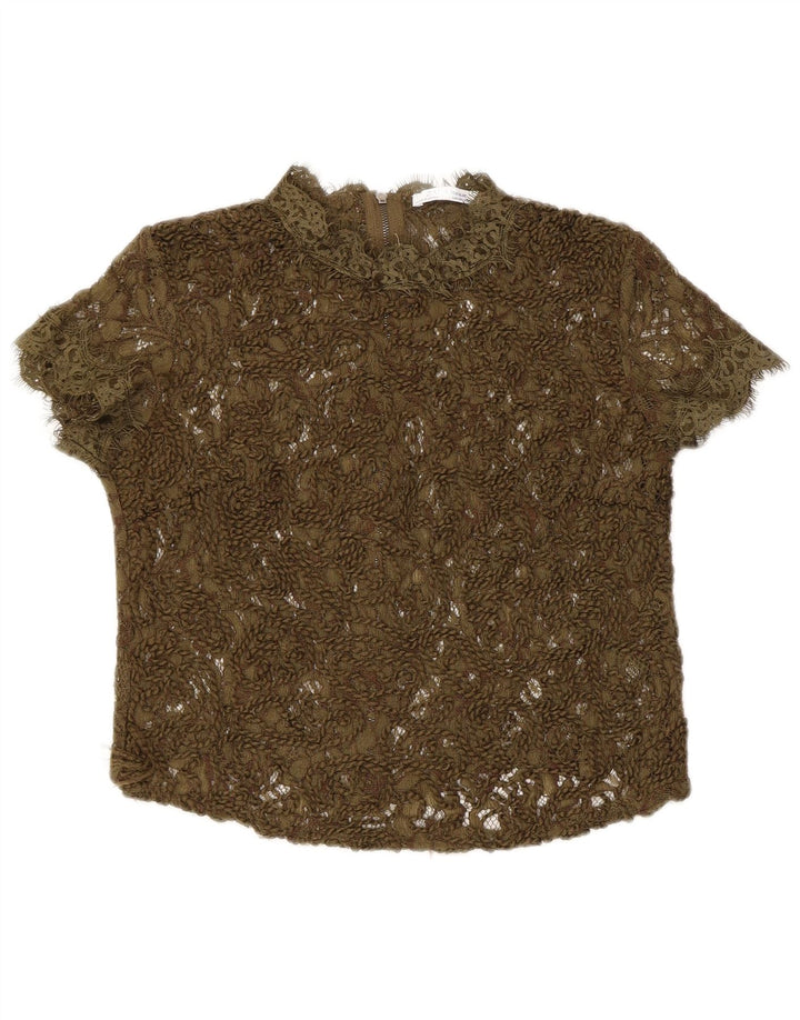 Zara Γυναικεία Δαντέλα See Through Μπλούζα Top UK 8 Small Khaki