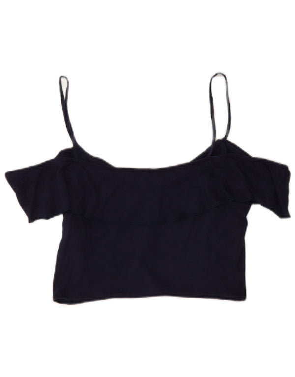 Benetton Womens Crop Off Shoulder Top 14 Large Navy Blue Lyocell