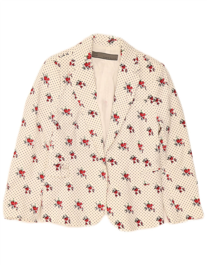 Zara Γυναικείο σακάκι 1 κουμπιού blazer UK 12 μεσαίο λευκό βαμβακερό φλοράλ