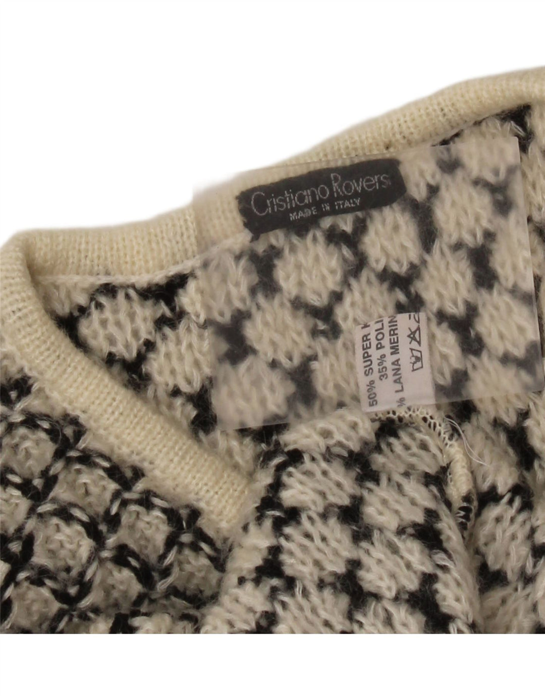 Vintage γυναικείο πουλόβερ με V λαιμόκοψη UK 14 Medium Off White γεωμετρικό