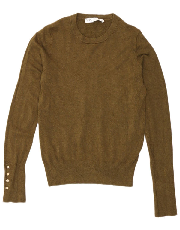 Zara Γυναικείο πουλόβερ με λαιμόκοψη UK 10 Small Khaki Viscose