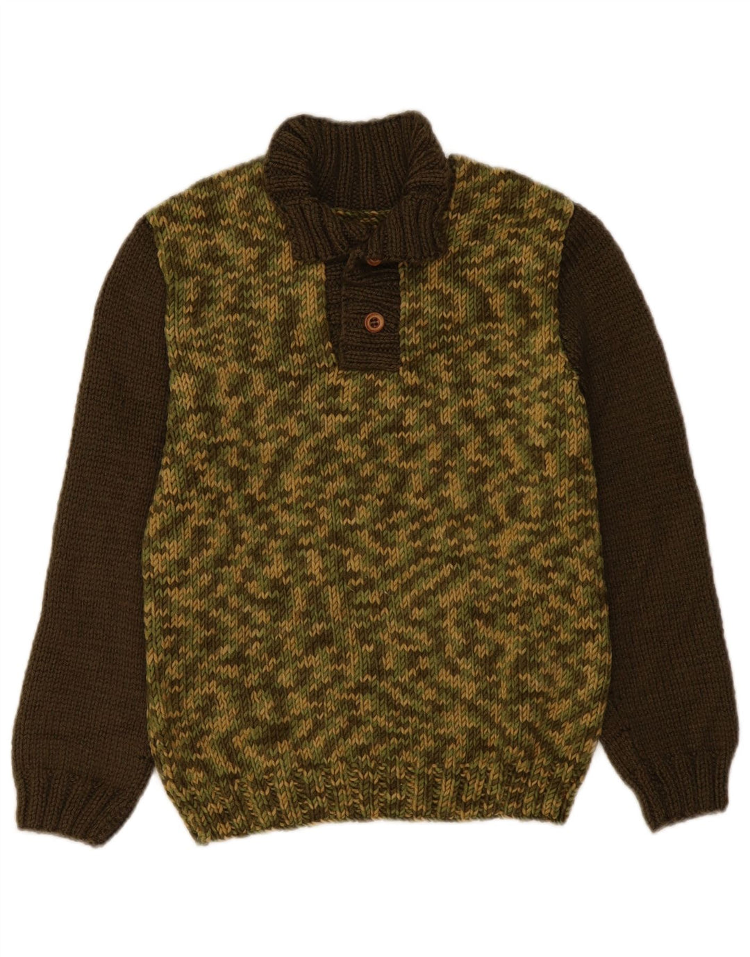 Vintage γυναικείο πουλόβερ με λαιμό με κουμπιά UK 14 Medium Khaki Colourblock