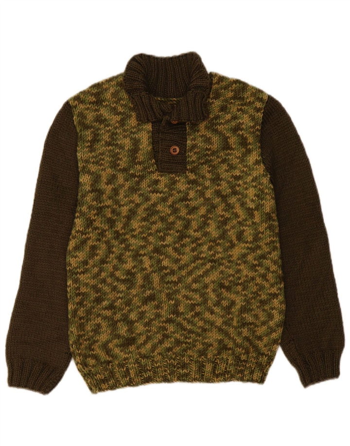 Vintage γυναικείο πουλόβερ με λαιμό με κουμπιά UK 14 Medium Khaki Colourblock