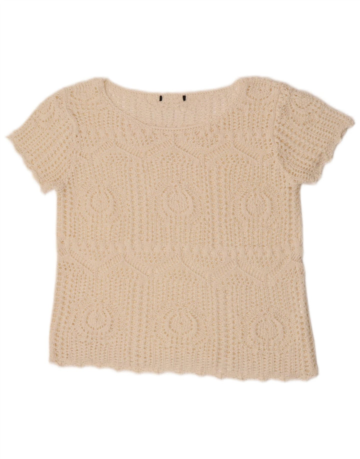 Vintage Γυναικεία Crop Crochet Μπλούζα UK 12 Medium Off White