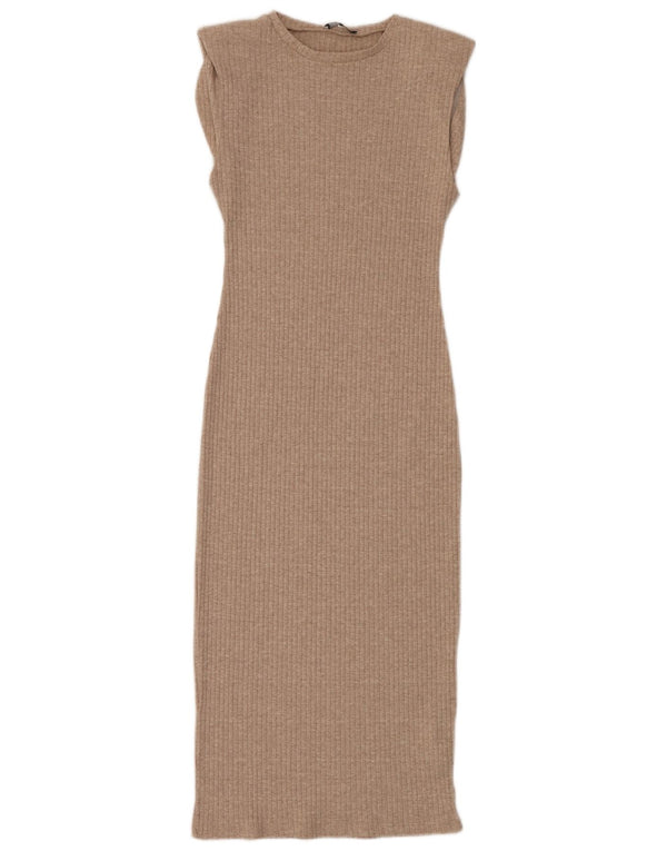 Zara Γυναικείο Maxi Αμάνικο Bodycon Φόρεμα UK 12 Medium Beige Polyester