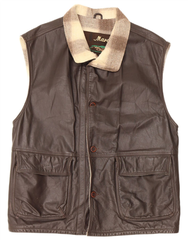 Vintage Ανδρικό Δερμάτινο Gilet IT 48 Μεσαίο Καφέ Δέρμα Colourblock
