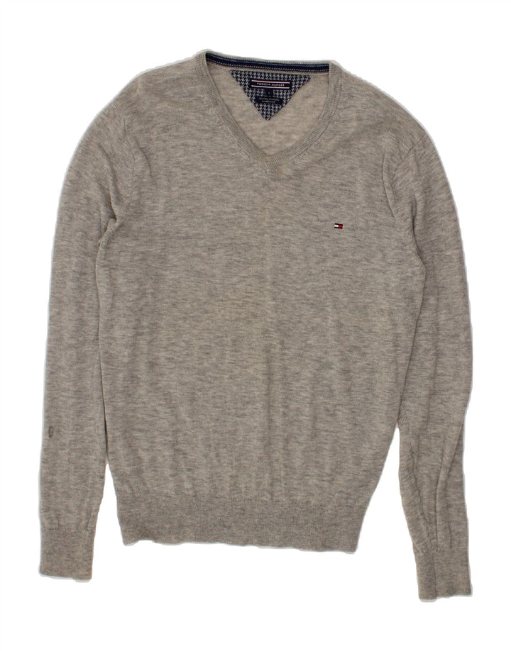 TOMMY HILFIGER Mens V-Neck Jumper Sweater Large Grey Lambswool Vintage Tommy Hilfiger and Second-Hand Tommy Hilfiger from Messina Hembry 