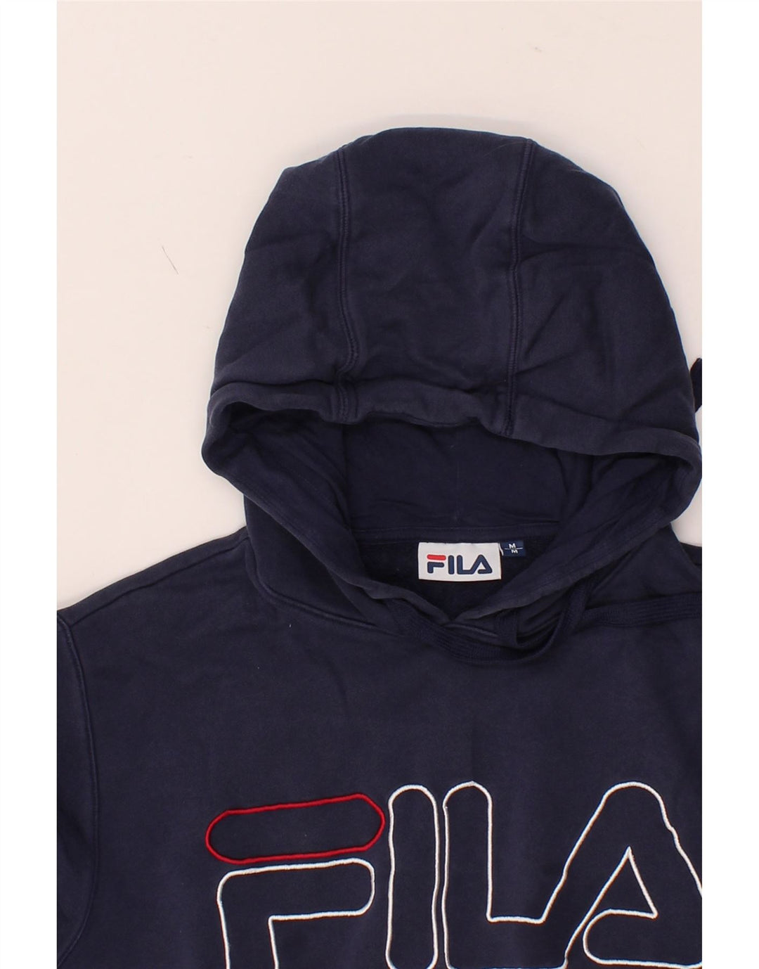 FILA Mens Graphic Hoodie Jumper Medium Navy Blue Cotton Vintage Fila and Second-Hand Fila from Messina Hembry 