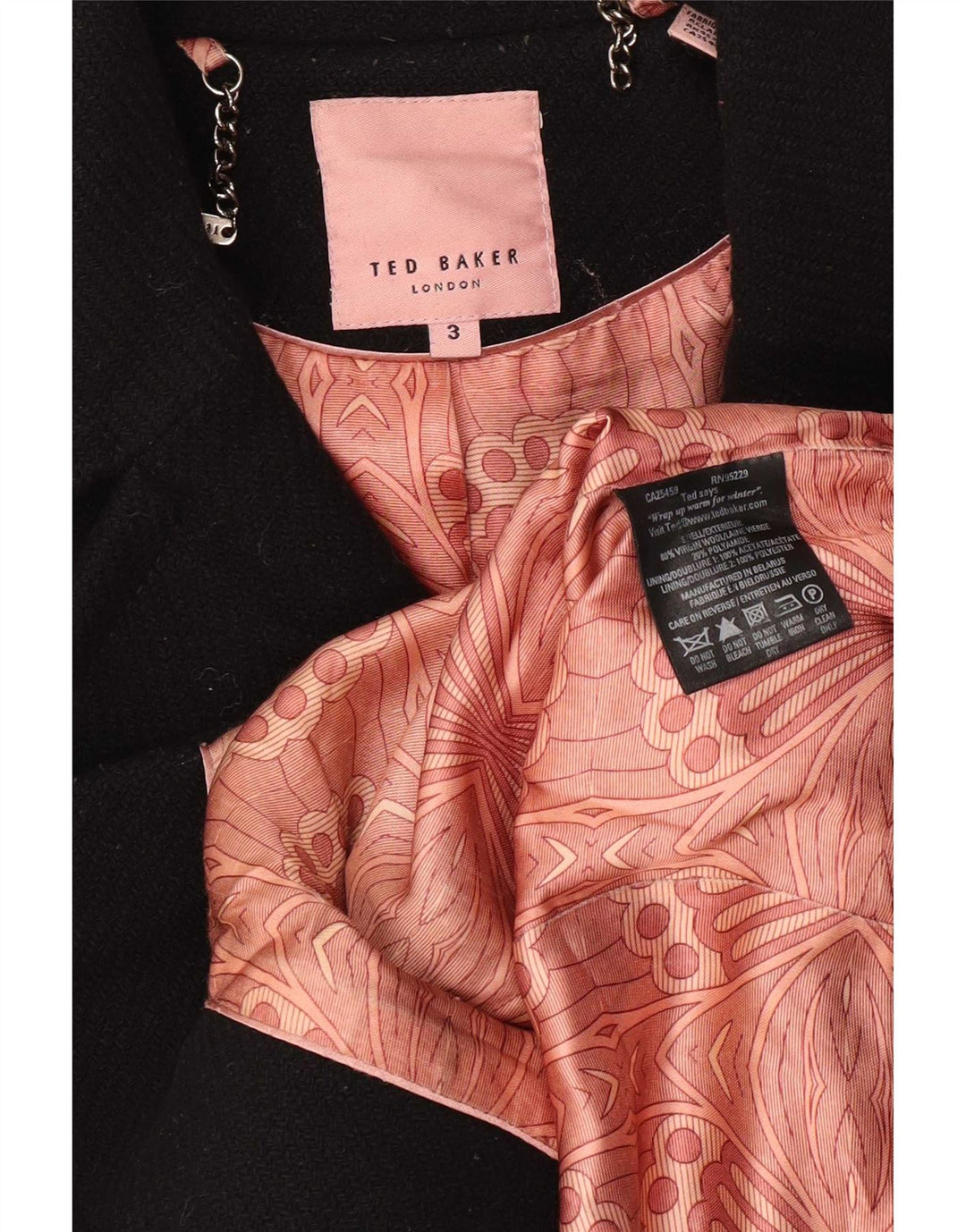 Ted Baker Γυναικείο παλτό μπιζελιού Μέγεθος 3 Μεσαίο μαύρο παρθένο μαλλί