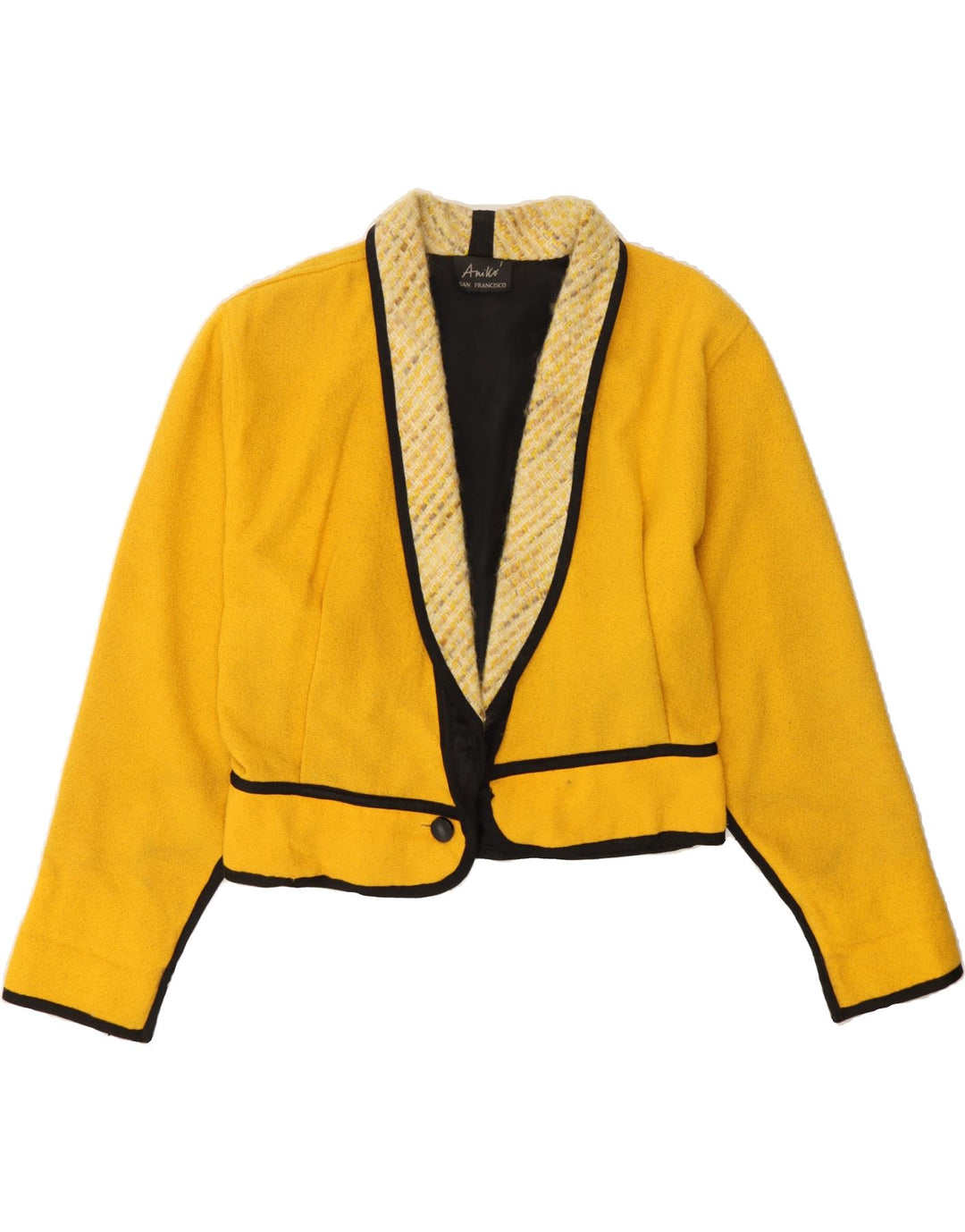 VIKI AMIKO Womens Crop 1 Button Blazer Jacket UK 16 Large Yellow Striped Vintage Viki Amiko and Second-Hand Viki Amiko from Messina Hembry 
