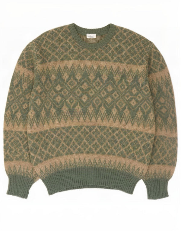 Fruit Of The Loom Mens Crew Neck Jumper Sweater XL Green Fair Isle Wool