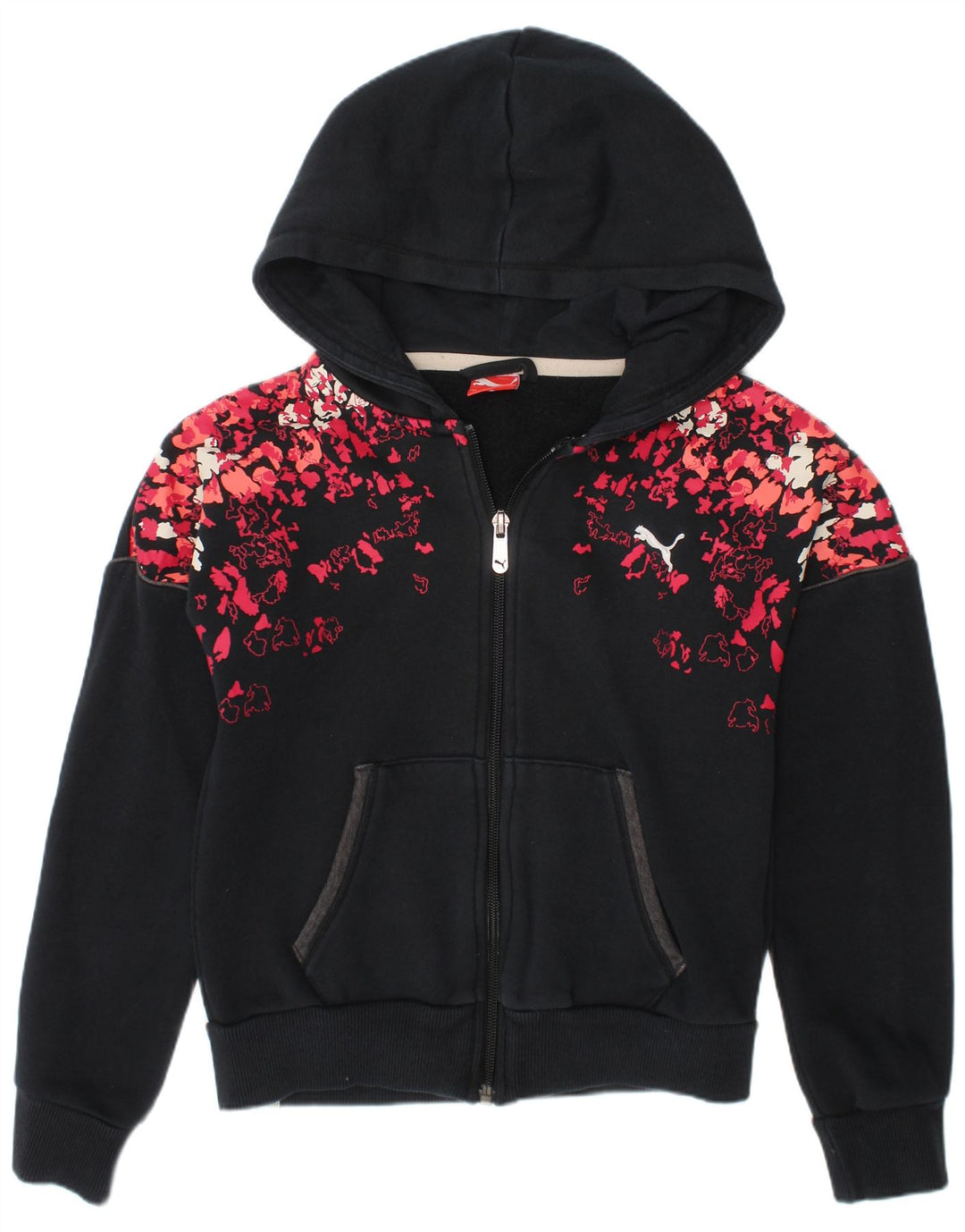 PUMA Girls Zip Hoodie πουλόβερ 9-10 ετών Μαύρο βαμβακερό καμουφλάζ