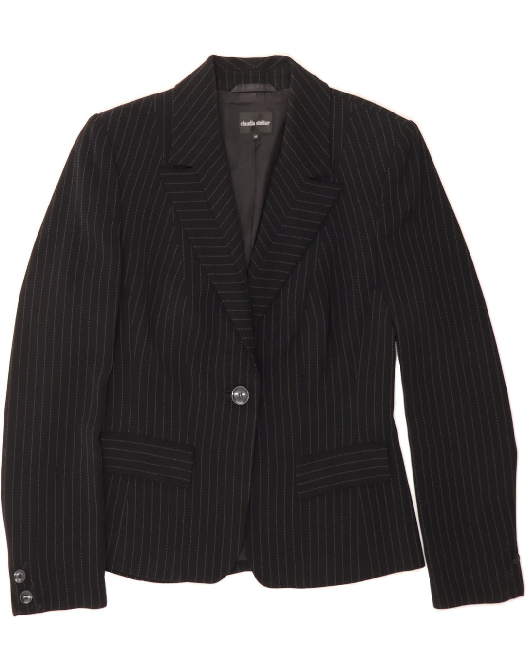 VINTAGE Womens 1 Button Biker Jacket EU 36 Small Black Pinstripe Polyester Vintage Vintage and Second-Hand Vintage from Messina Hembry 
