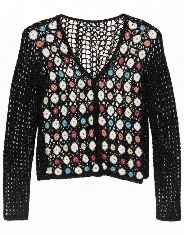 Vintage Womens Abstract Pattern Crochet Cardigan Top 10 Small Black V