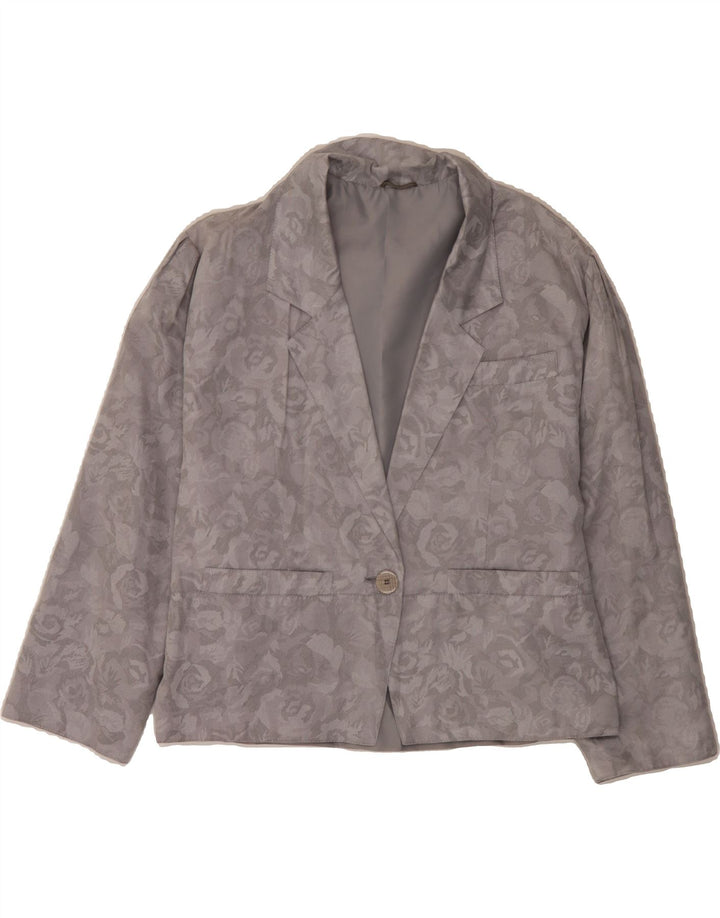 VINTAGE Womens 1 Button Blazer Jacket UK 12 Medium Grey Floral Viscose Vintage Vintage and Second-Hand Vintage from Messina Hembry 