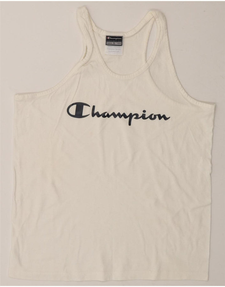 CHAMPION Womens Graphic Vest Top UK 14 Large White Cotton Vintage Champion and Second-Hand Champion from Messina Hembry 