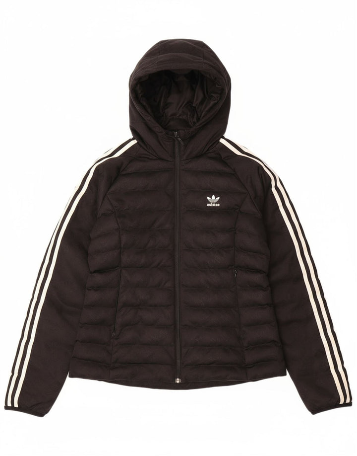 ADIDAS Womens Hooded Padded Jacket UK 14 Medium Black Polyester Logo