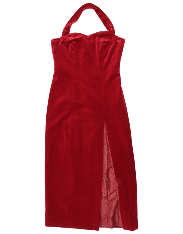 Vintage Γυναικείο Velvet Halter φόρεμα UK 12 Medium Burgundy