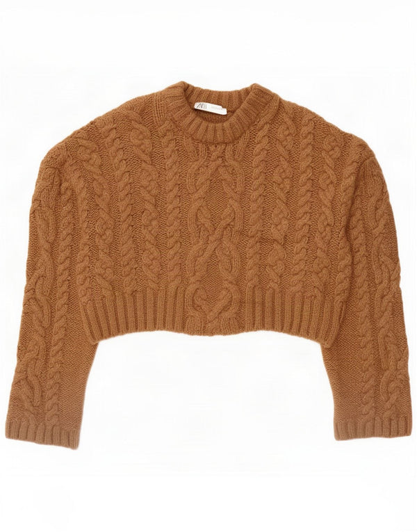 Zara Womens Crop Oversized Boat Neck Jumper πουλόβερ UK 14 Medium Brown