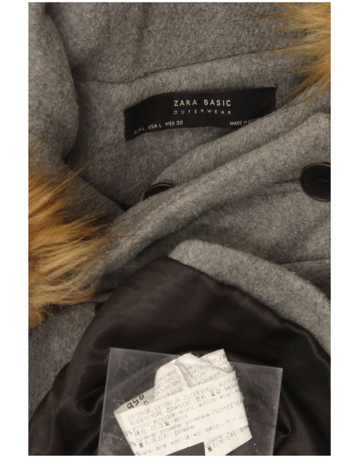 ZARA Womens Hooded Double Breasted Coat UK 16 Large Grey Acrylic