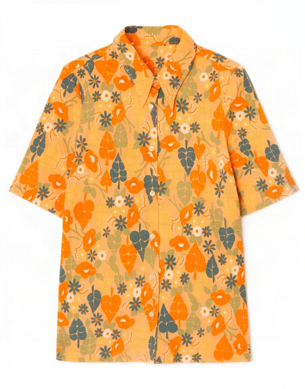 Vintage γυναικείο κοντομάνικο πουκάμισο UK 10 Small Floral πορτοκαλί