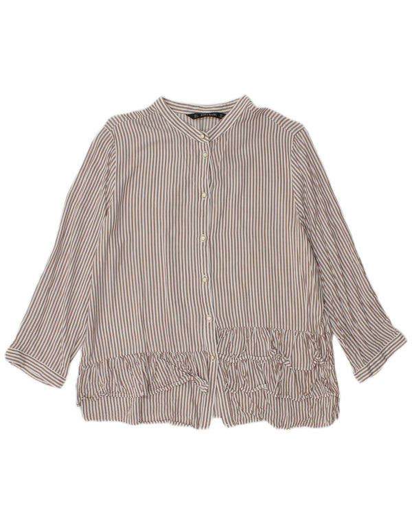 Zara Womens 3/4 Sleeve Shirt Blouse UK 14 Large Brown Pinstripe Viscose