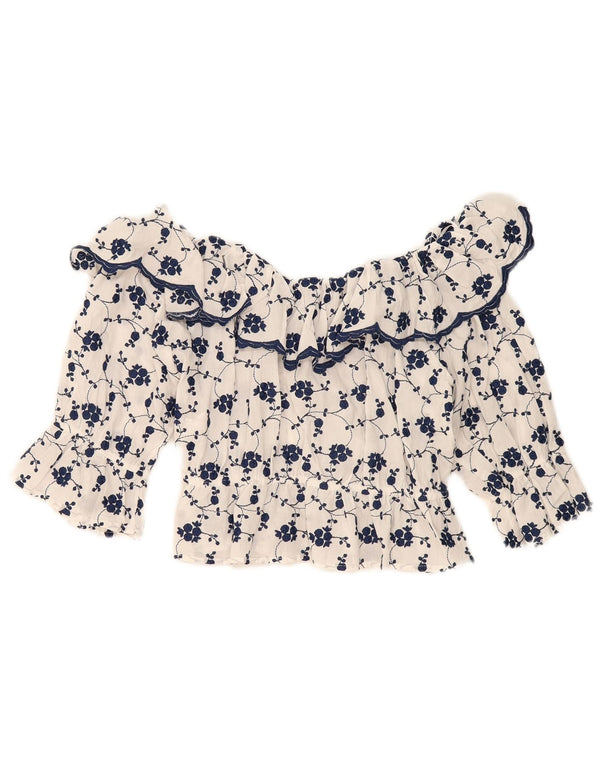 Zara Γυναικεία μπλούζα Crop Off Shoulder Top UK 14 Large White Floral Βαμβακερό