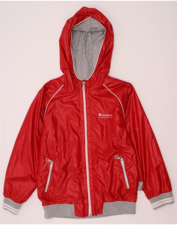 CHAMPION Girls Hooded Windbreaker Jacket 7-8 Years Small  Red Cotton